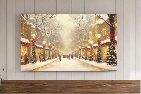Snowy Christmas Main Street Falling Snow Vintage Holiday Poster