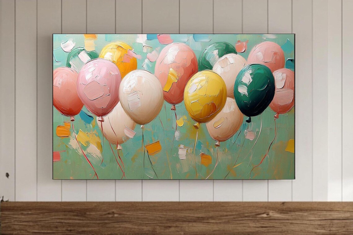 Joyful Pastel Balloon Bouquet on Teal Blue Oil Painting Poster