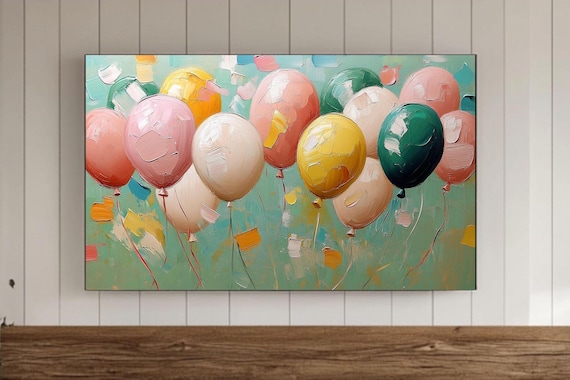 Joyful Pastel Balloon Bouquet on Teal Blue Oil Painting Poster