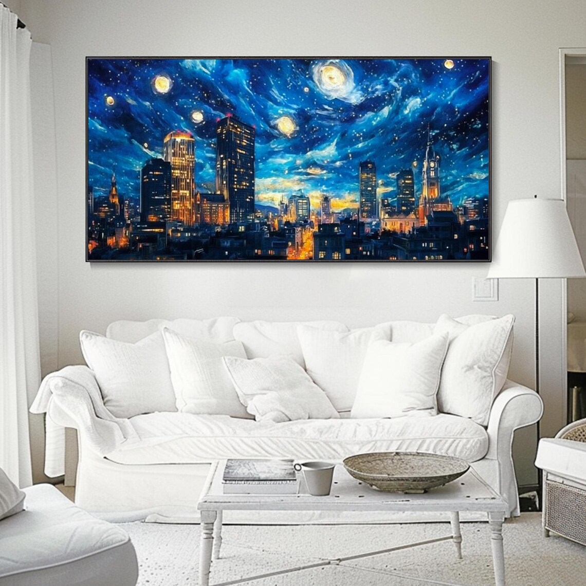 Starry Night City Skyline Swirling Blue Sky Night Lights Painting Art Wall Poster - Image 2