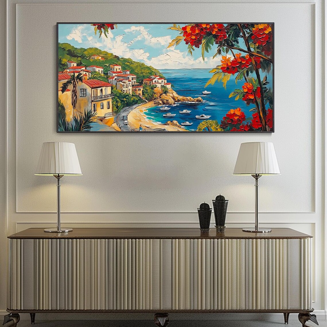 Abstract Mediterranean Landscape Decorative Painting Original Hand Painted Architectural Texture Art Living Room Wall Decor Red Tree - Image 3