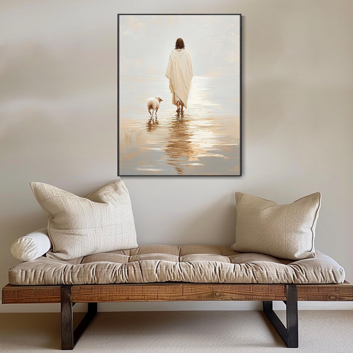 Jesus Walking on Water With Lamb Inspirational Minimalist Religious Painting Poster - Image 4