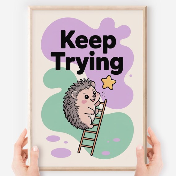 Keep Trying Cute Hedgehog Growth Mindset Classroom Motivational Kids Poster