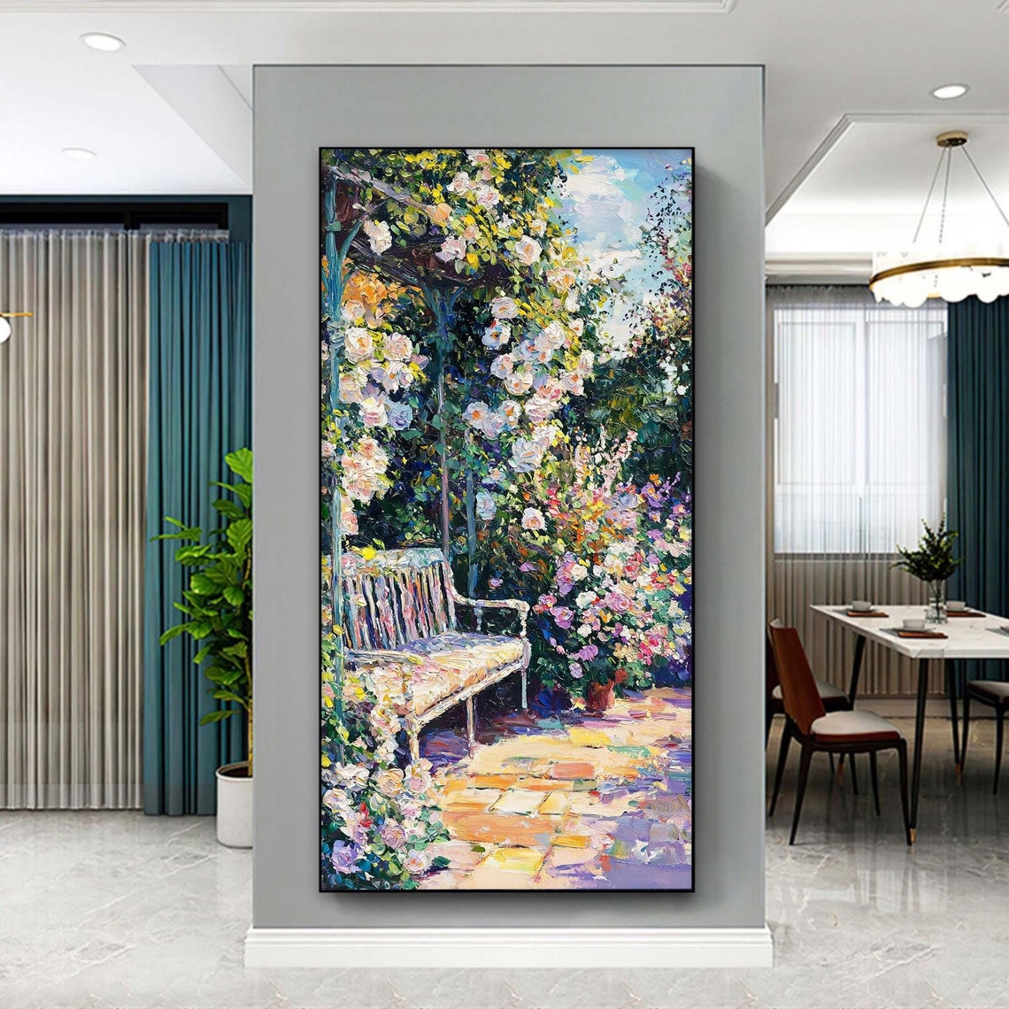 Sunlit Garden Bench Under a Flowering Arbor Oil Painting Poster
