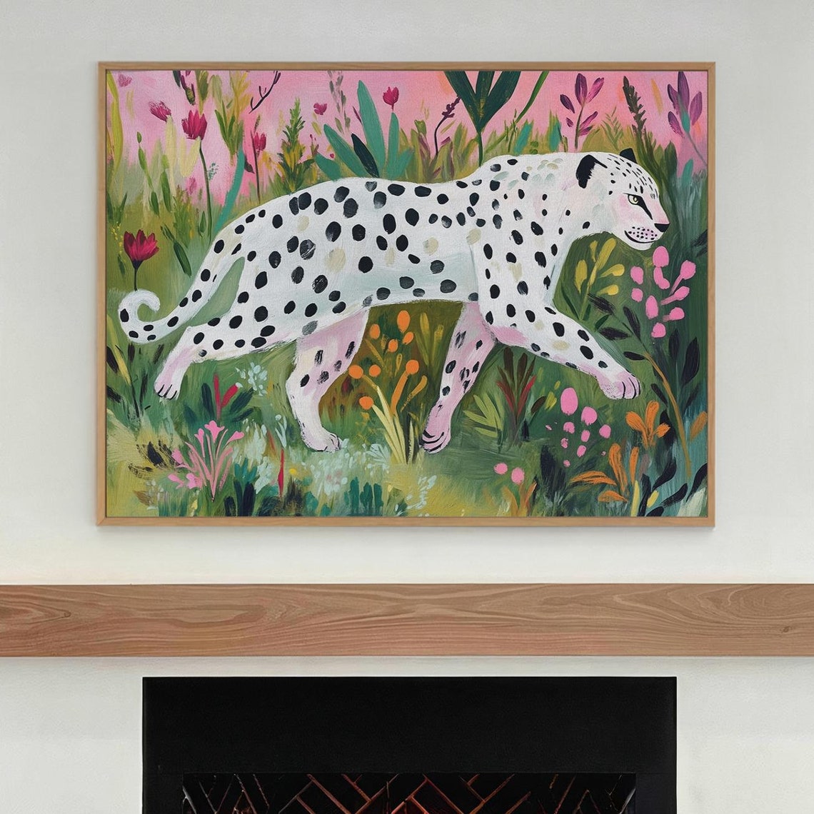 White Cheetah with Black Spots in Pink Flowering Jungle Poster