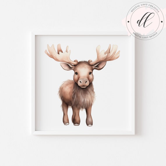 Cute Moose Illustration Woodland Animal Art Nursery Decor Forest Theme Kids Room Poster Baby Moose Artwork