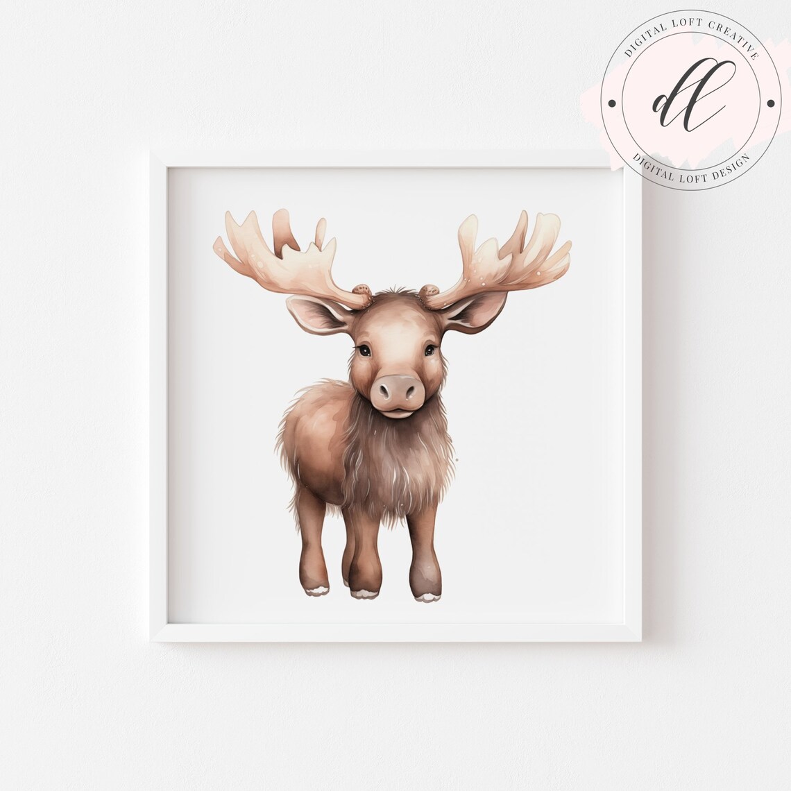 Adorable Watercolor Baby Moose Nursery Sweet Animal Art Poster