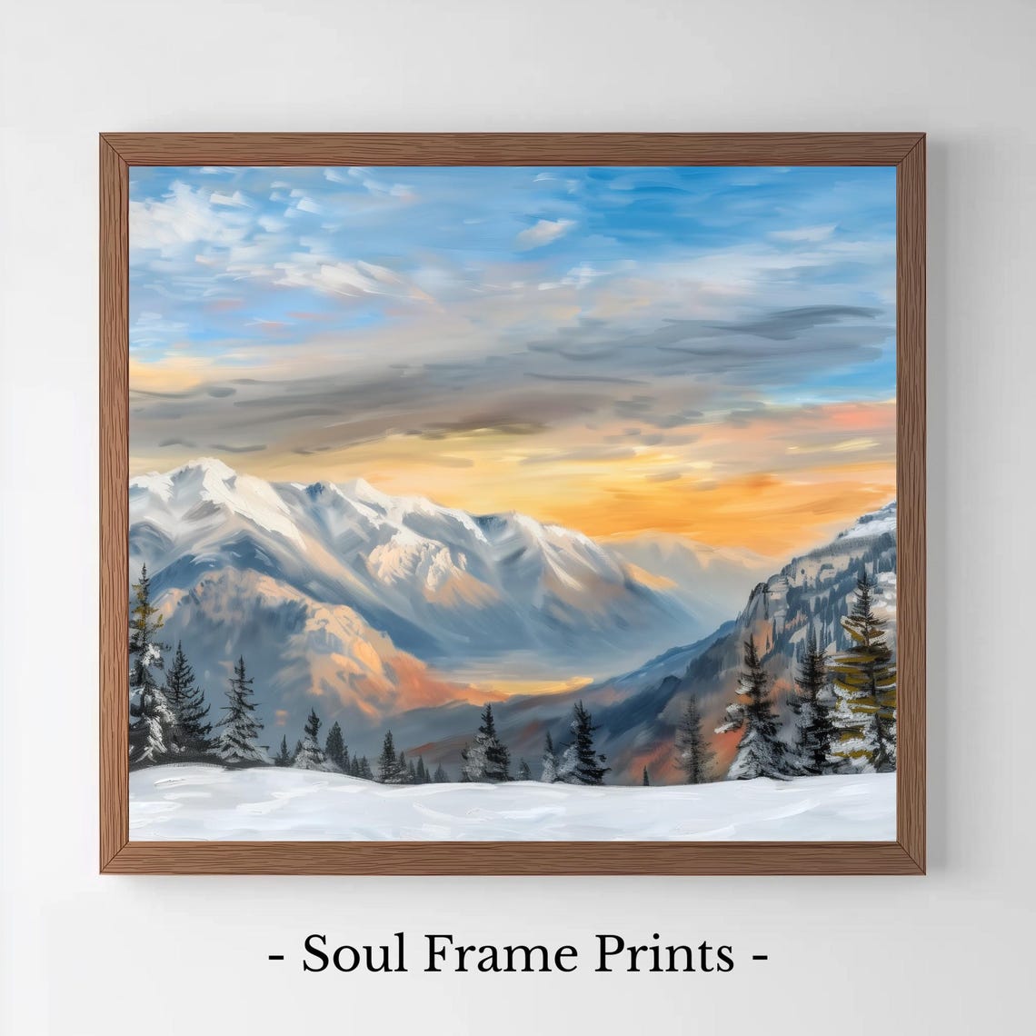 Snowy Mountain Valley Golden Hour Winter Peaks Landscape Art Poster