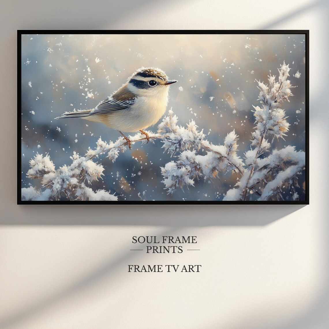 Tiny Winter Songbird on Snowy Branch Holiday Painting Poster