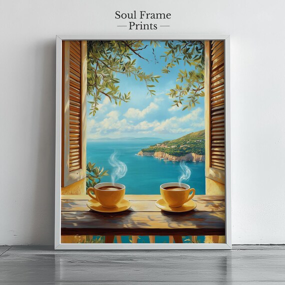 Mediterranean Coffee Balcony Wall Art Sea View Two Cups Morning Scene