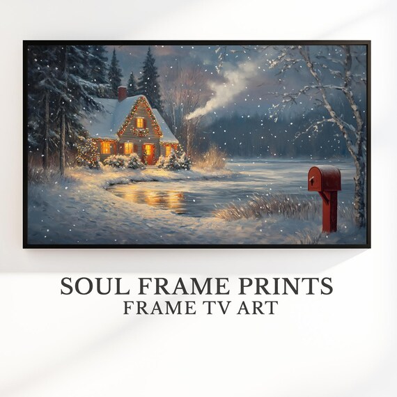 Winter Cottage by Frozen Pond at Christmas Night Holiday Wall Art