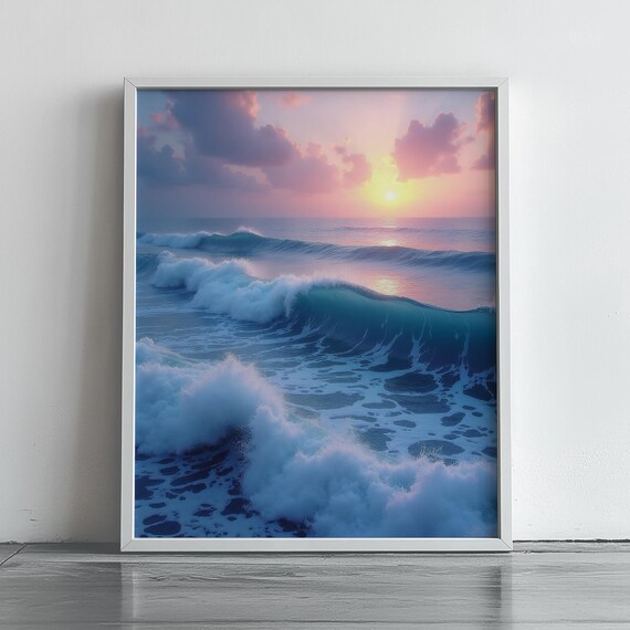Ocean Wave Sunrise Poster Dreamy Pastel Seascape Tranquil Beach Decor