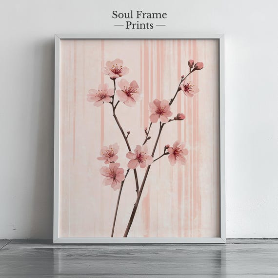 Cherry Blossom Wall Art Botanical Print Japanese Floral Painting Pink Spring Flower Decor Minimalist Bedroom Or Zen Home Style 486
