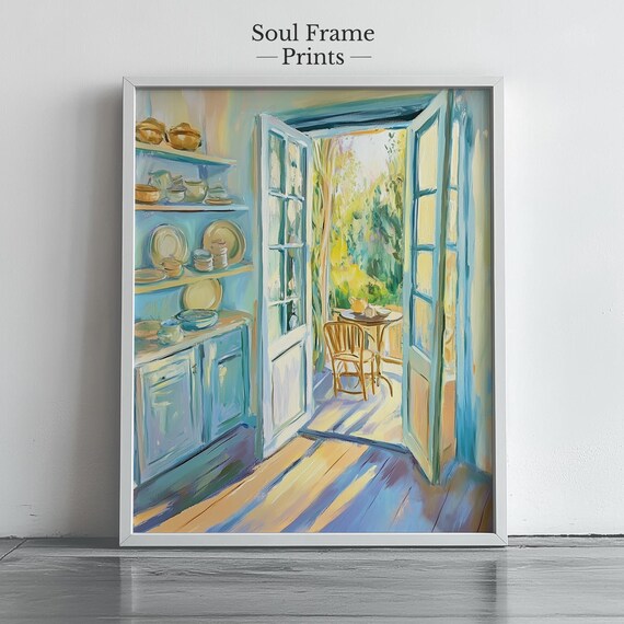 Sunlit Cottage Kitchen With French Doors Opening To A Garden Poster