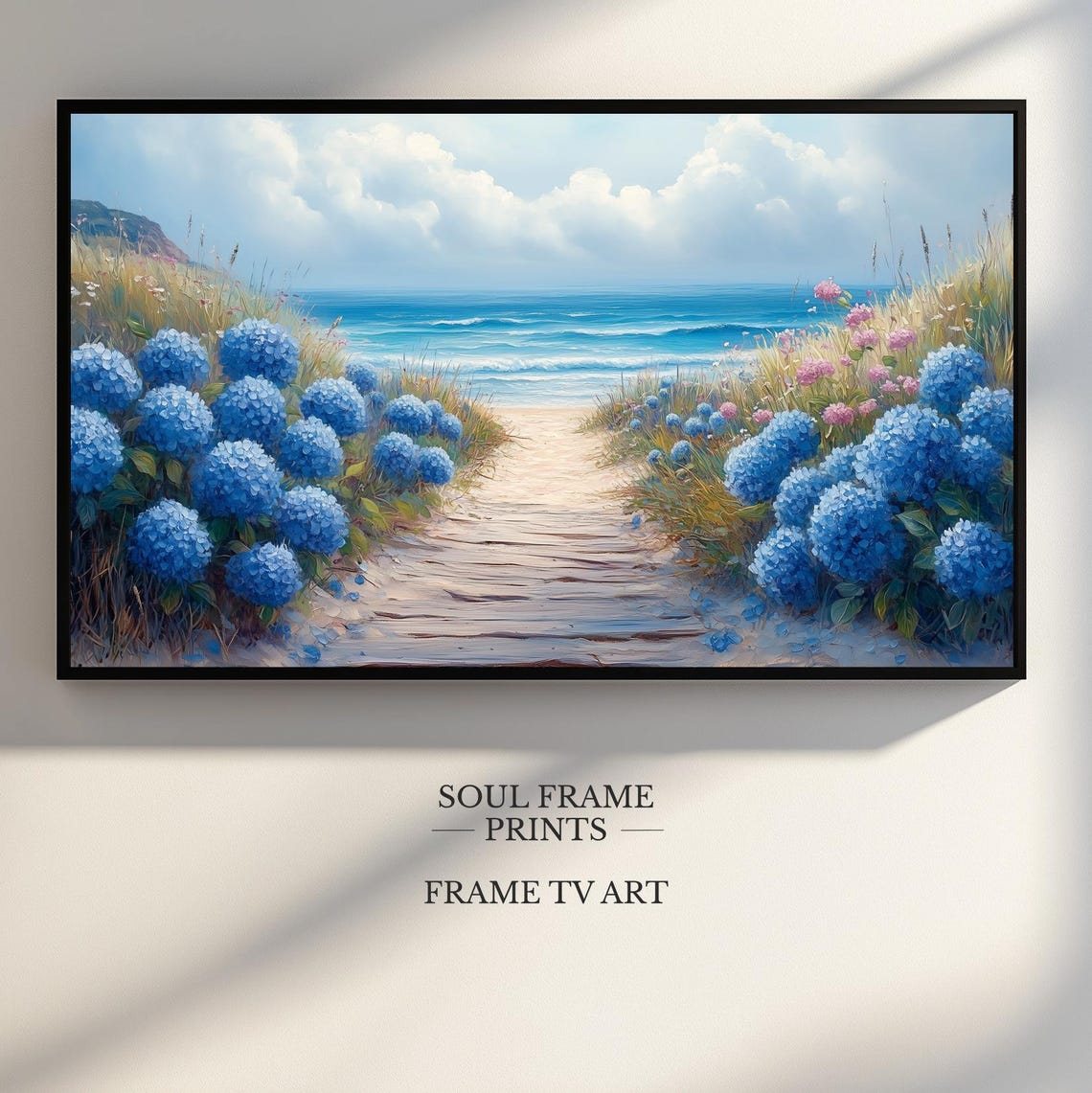 Blue Hydrangea Lined Coastal Path Leading to the Ocean Poster