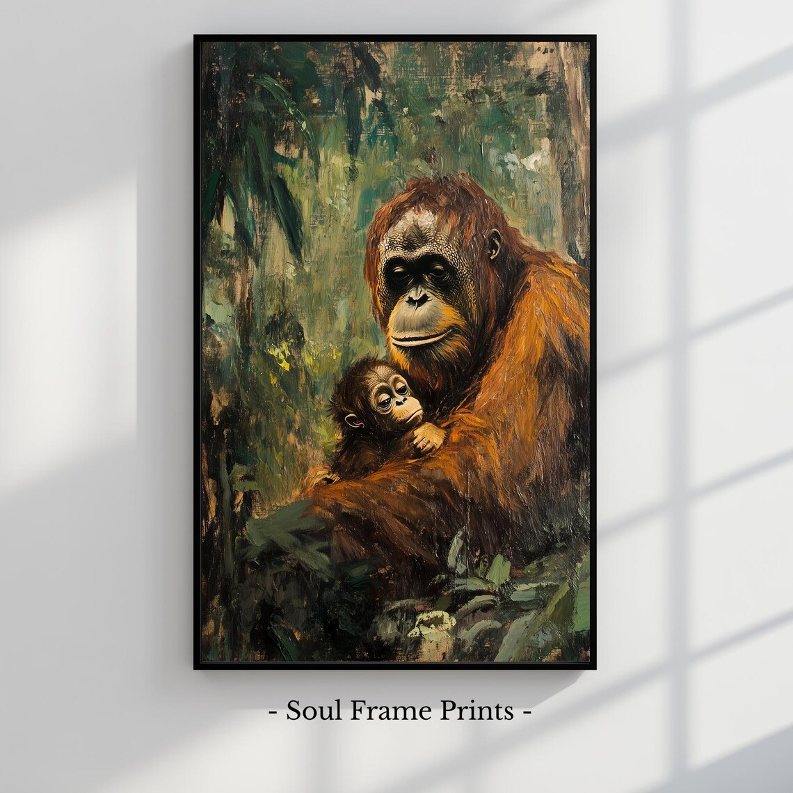 Orangutan Mother And Baby Jungle Painting Poster Wildlife Portrait