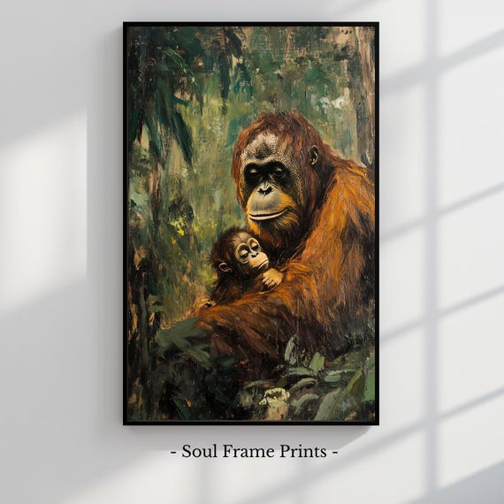 Vintage Orangutan Family Painting Jungle Wall Art Rustic Wildlife Decor Mother And Baby Oil Print Nature 514