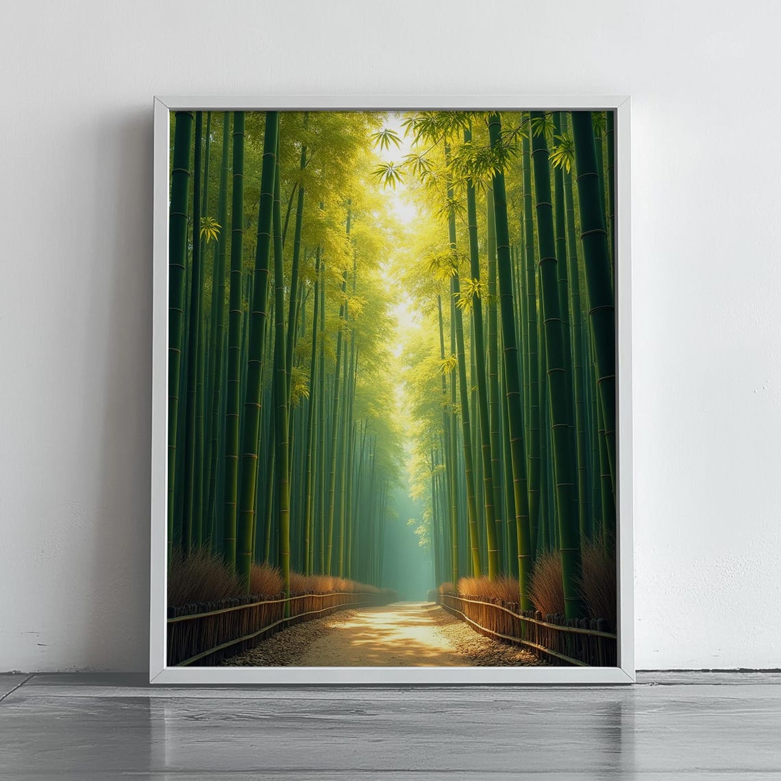 Sunlit Bamboo Forest Path Green Tranquil Japanese Landscape Poster