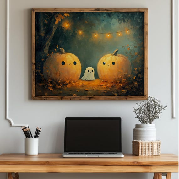 Kawaii Pumpkin Wall Art Cute Halloween Print Cozy Fall Nursery Decor Autumn Patch Illustration Oil Painting Style 35