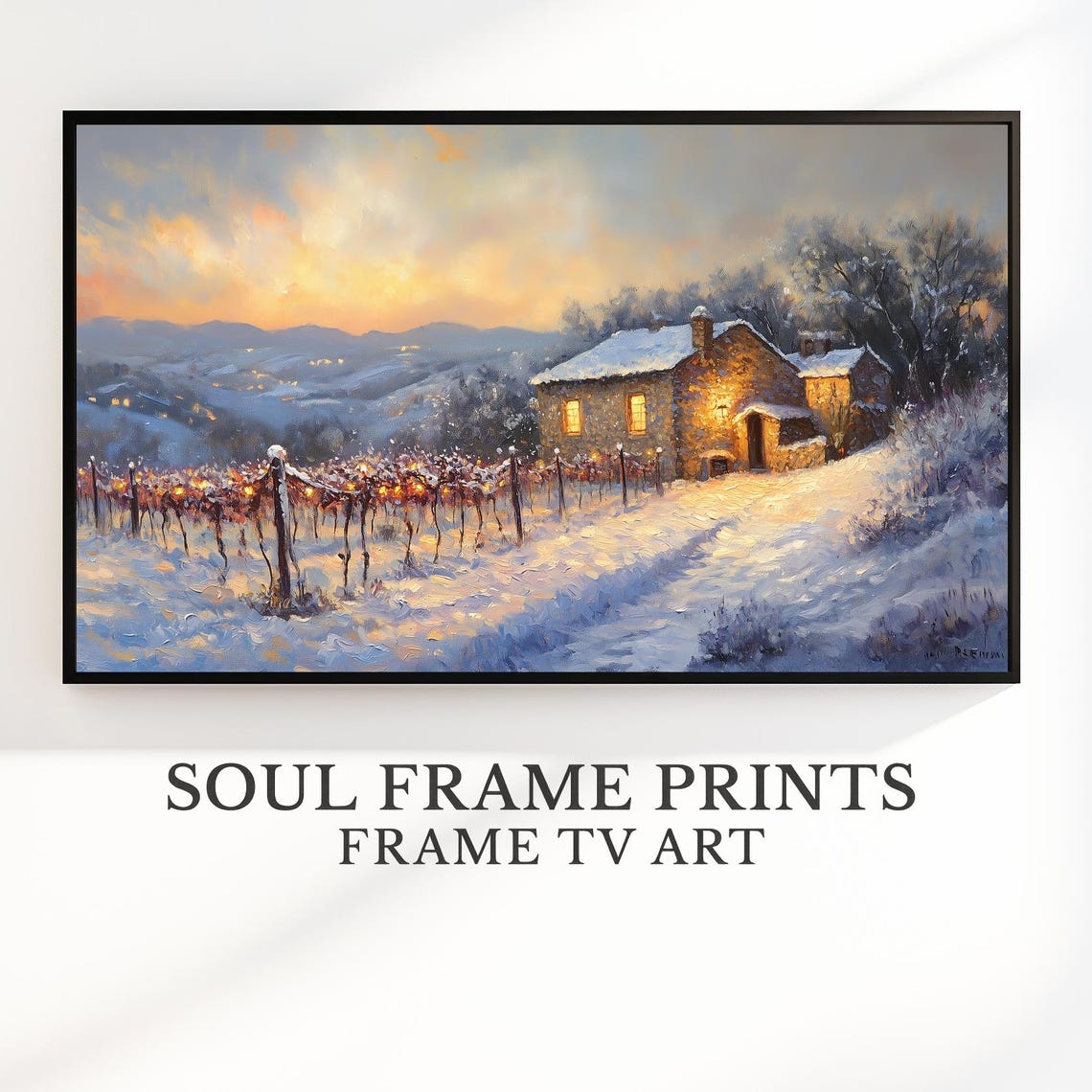 Snowy Vineyard With Christmas Lights Cozy Stone Farmhouse Poster
