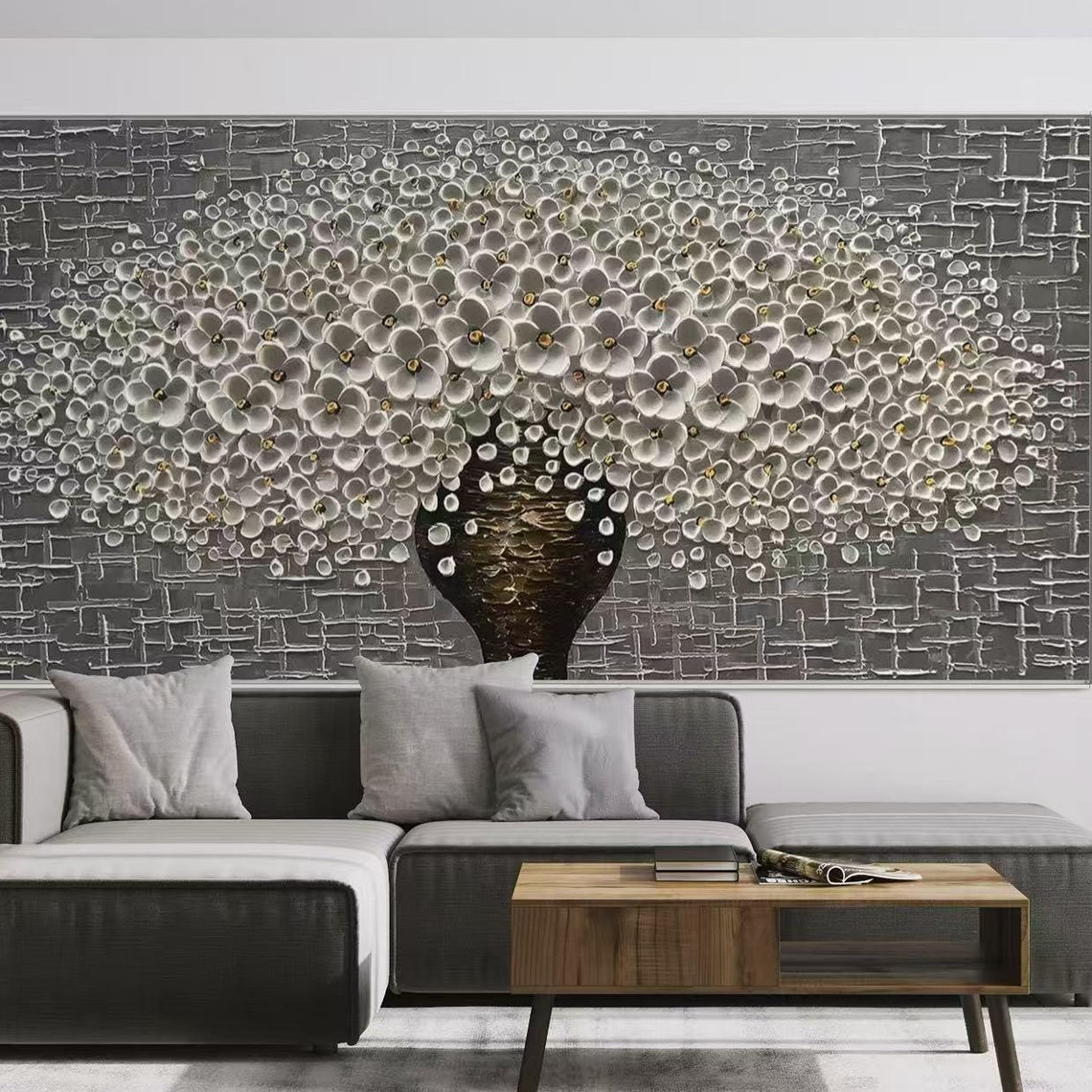 Black Vase Overflowing White Blossoms Panoramic Floral Canvas Poster