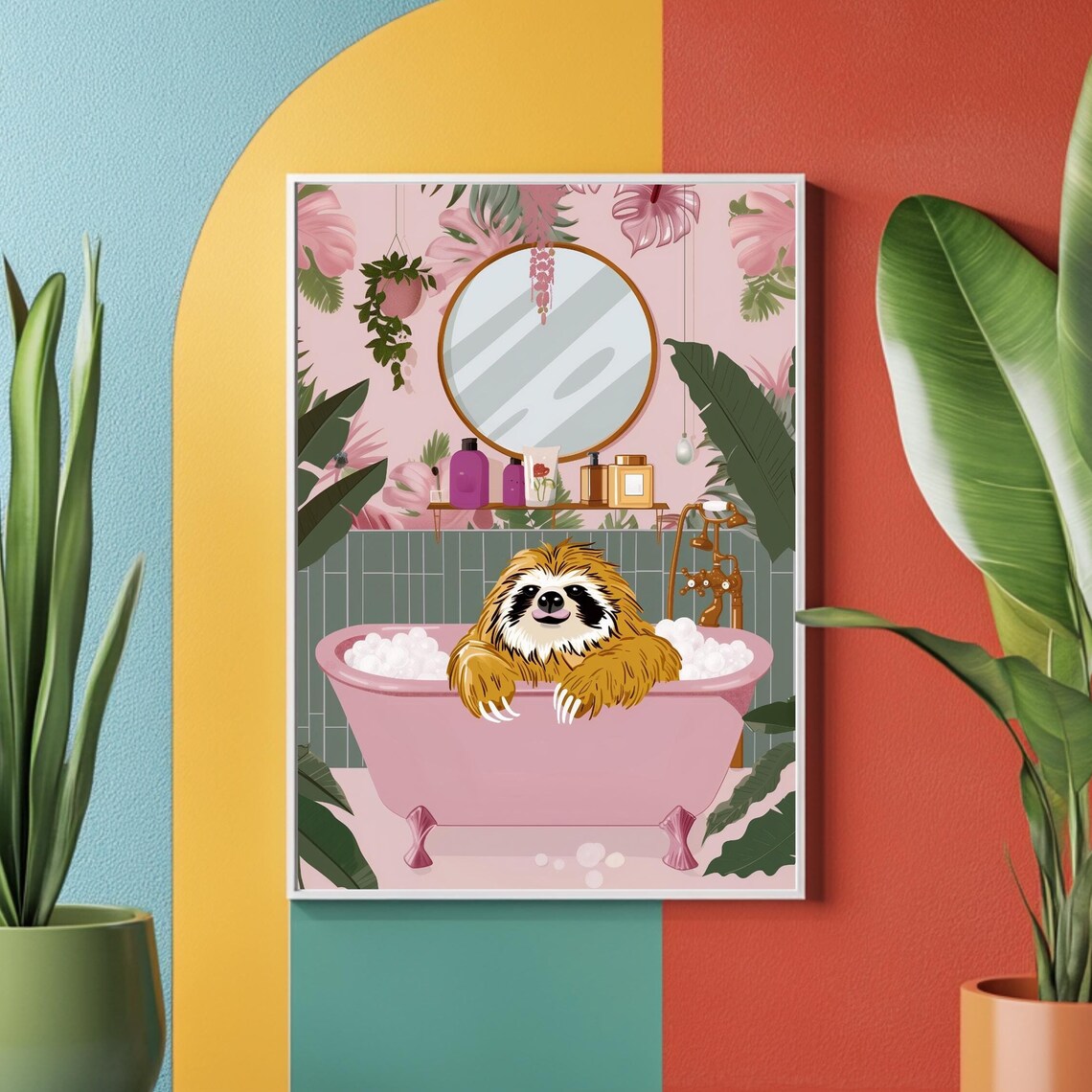 Sloth Relaxing In Pink Bathtub Funny Bathroom Animal Art Poster - Image 3