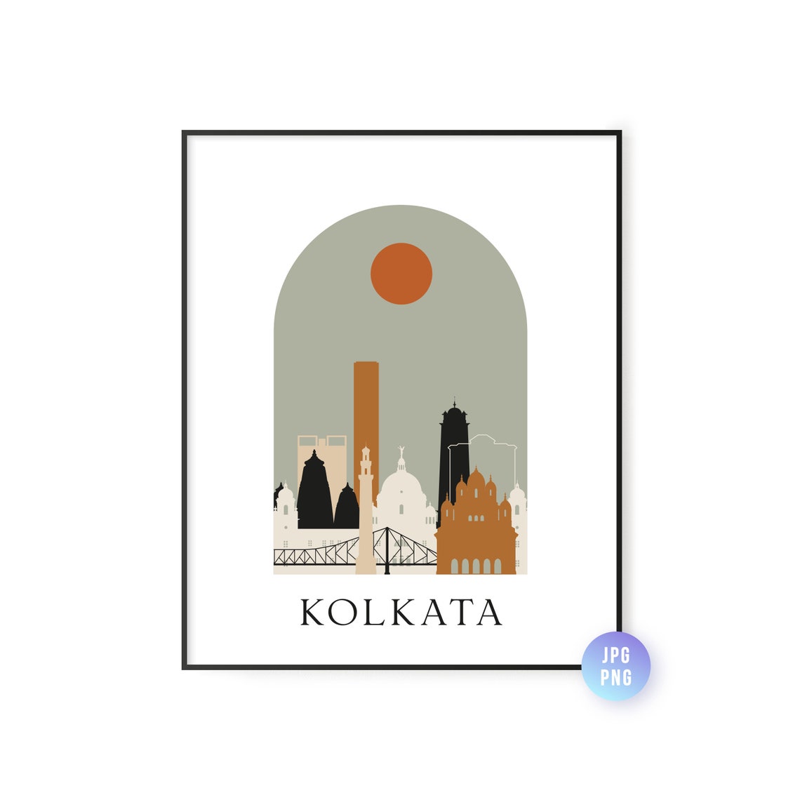 Kolkata India Modern Skyline Arch Sun Warm Minimalist City Print