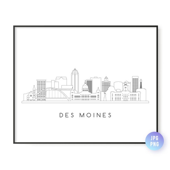 Des Moines Skyline Print City Line Art Instant Wall Artdigital Downloaddownloadable Artjpgpng