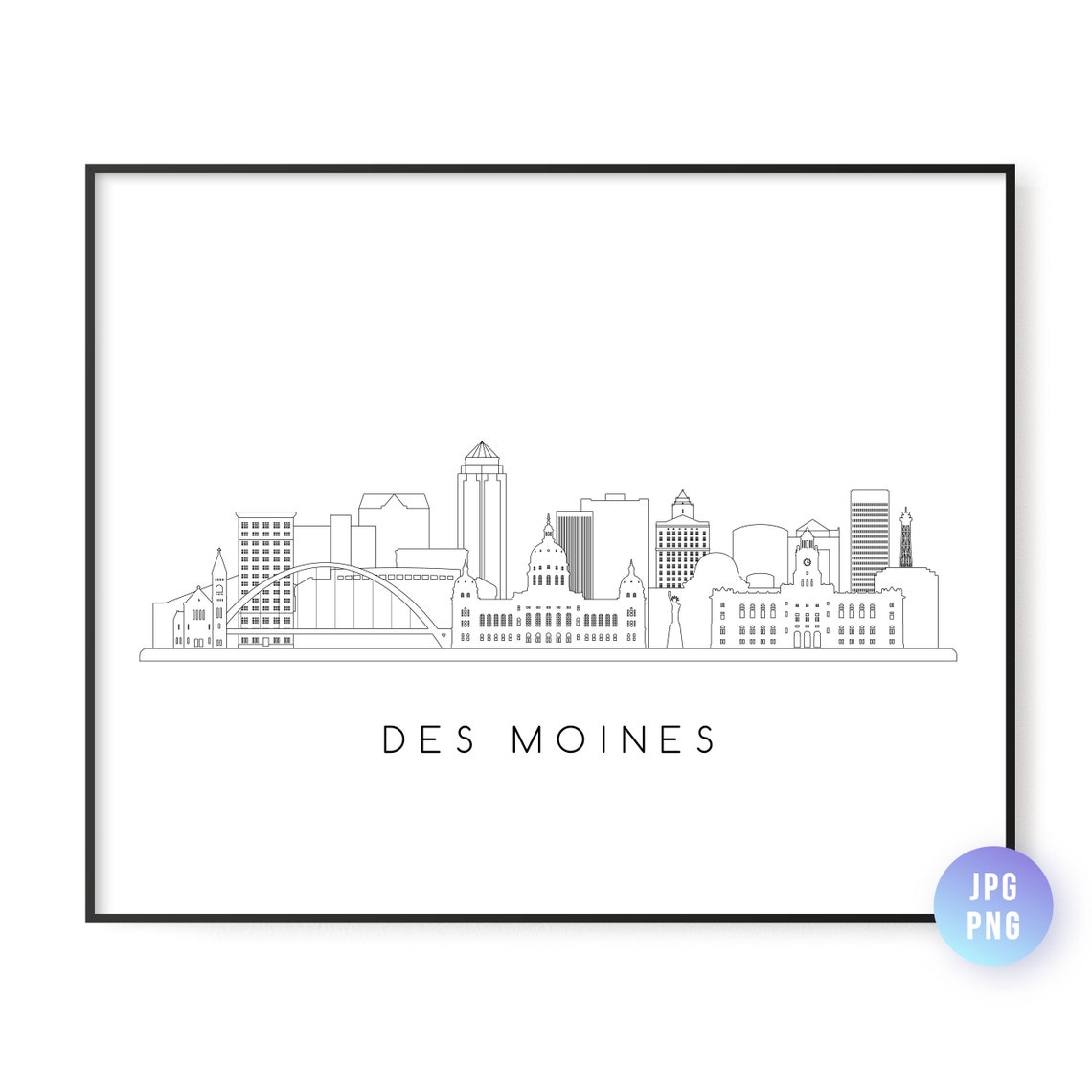 Des Moines Iowa Downtown Skyline Outline Line Art City Poster