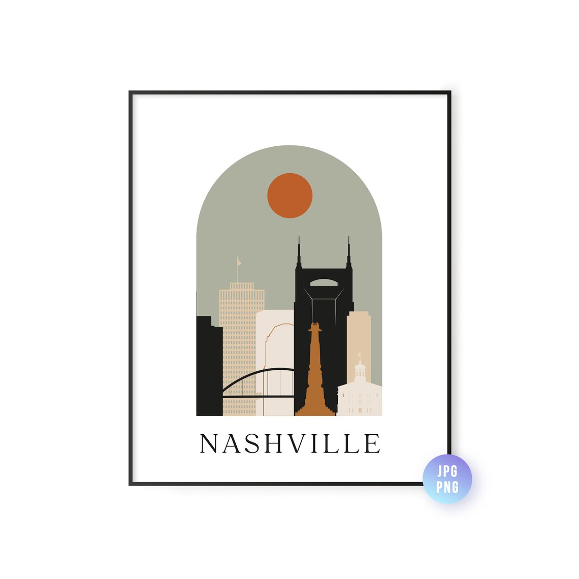 Nashville Boho Minimal Skyline Sun Music City Mid Century Poster