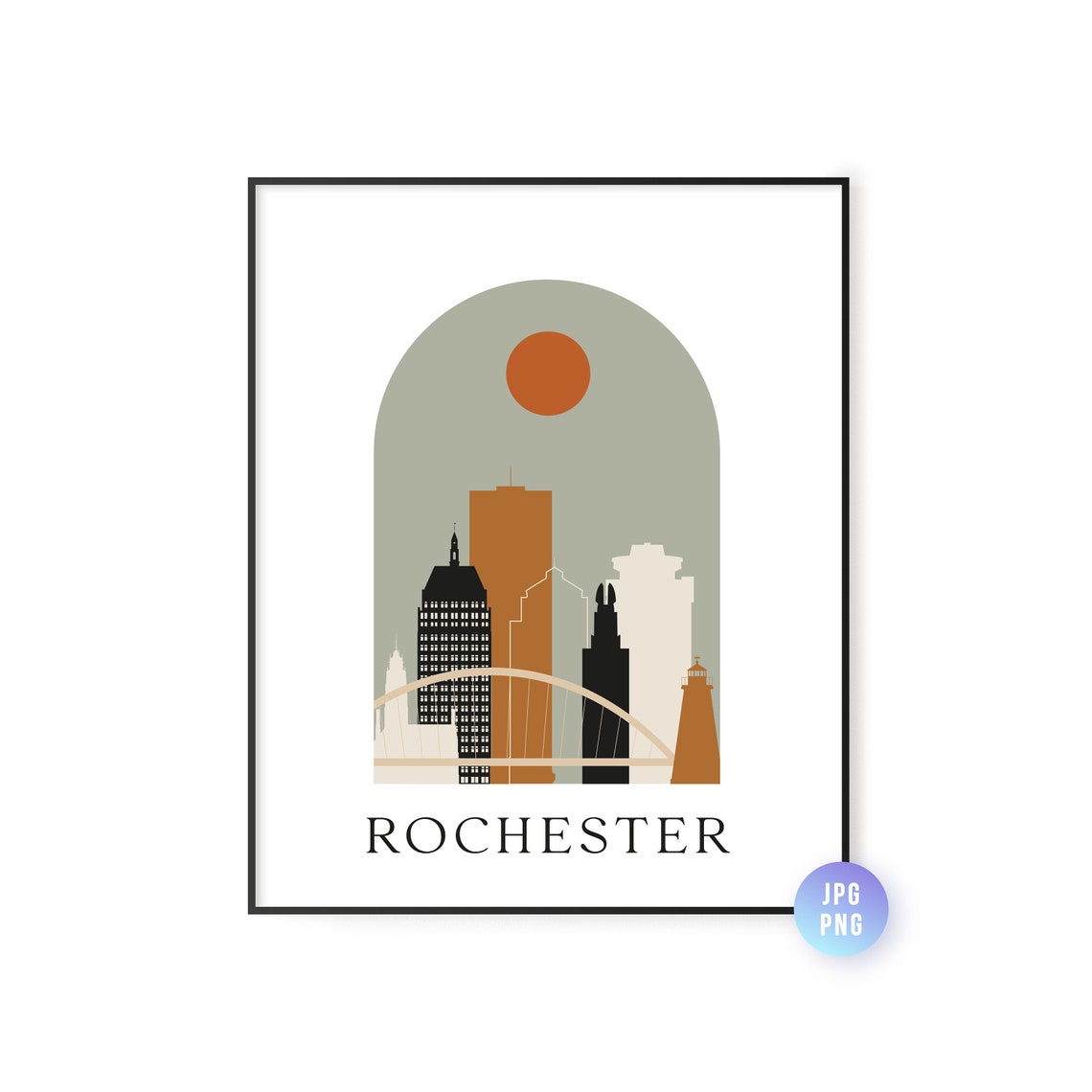 Rochester Bohemian Arch Skyline Warm Sunset Minimal City Poster