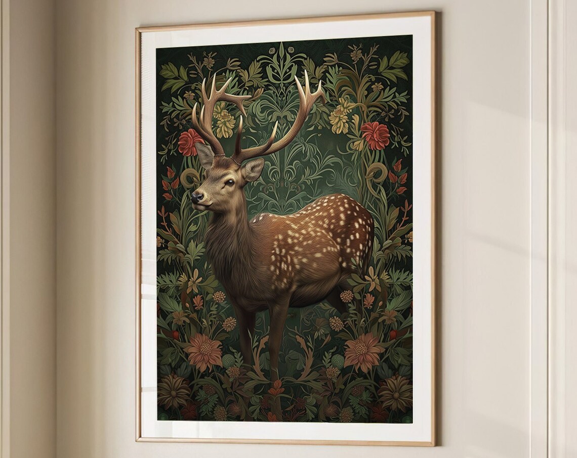 Spotted Stag Deer in Dark Floral William Morris Style Garden Poster