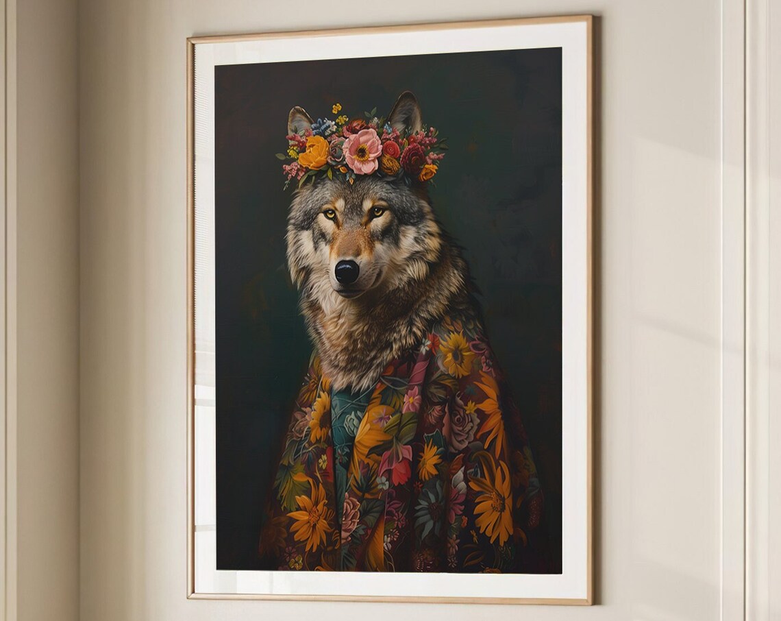 Wolf Flower Crown Maximalist Floral Robe Animal Portrait Wall Art