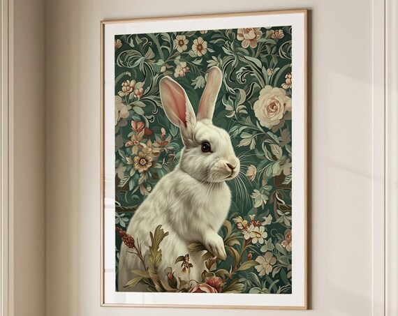 Sweet White Rabbit Portrait on Dark Green Floral Damask Poster