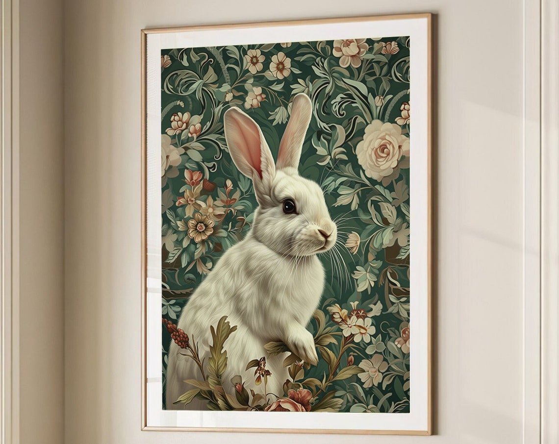 Sweet White Rabbit Portrait on Dark Green Floral Damask Poster