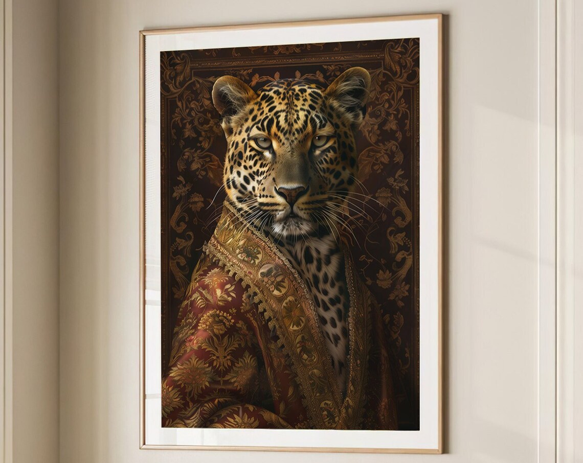 Leopard in Ornate Brocade Robe on Dark Baroque Portrait Poster