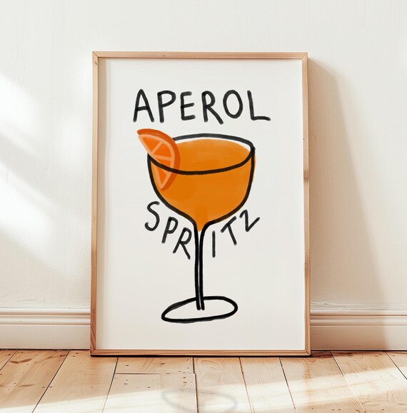 Aperol Spritz Hand Drawn Cocktail Glass Orange Slice Bar Art Poster