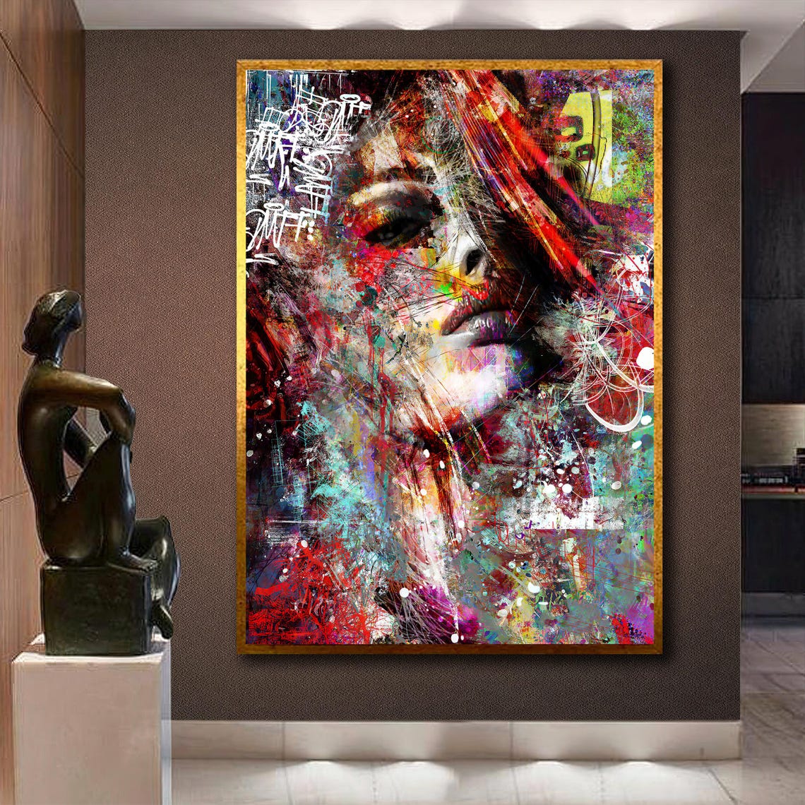 Abstract Woman Face in Colorful Graffiti Splashes Modern Art Poster