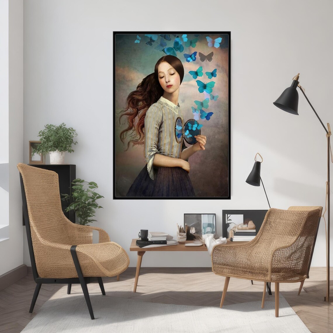 Woman Releasing Blue Butterflies Dreamlike Surreal Portrait Poster - Image 3
