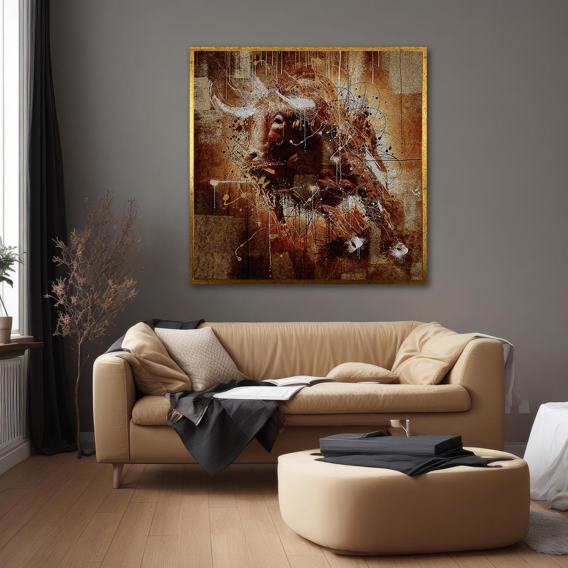 Bull Head Abstract Drip Paint Sepia Textured Western Art Poster - Image 3