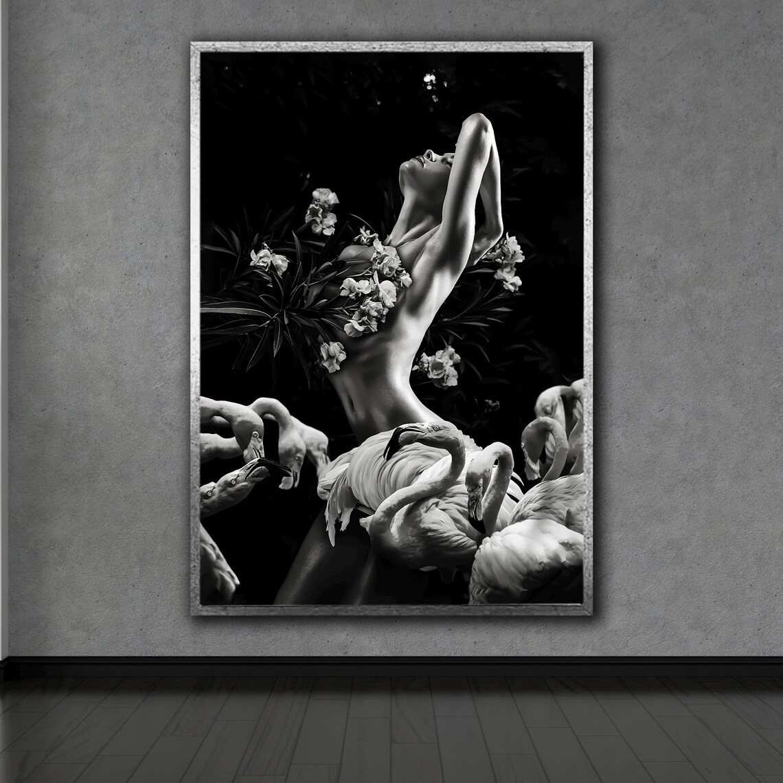 Black and White Nude Woman Among Flowers Monochrome Art Photo Poster