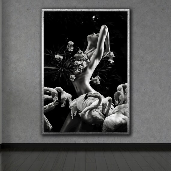 Black and White Nude Woman Among Flowers Monochrome Art Photo Poster