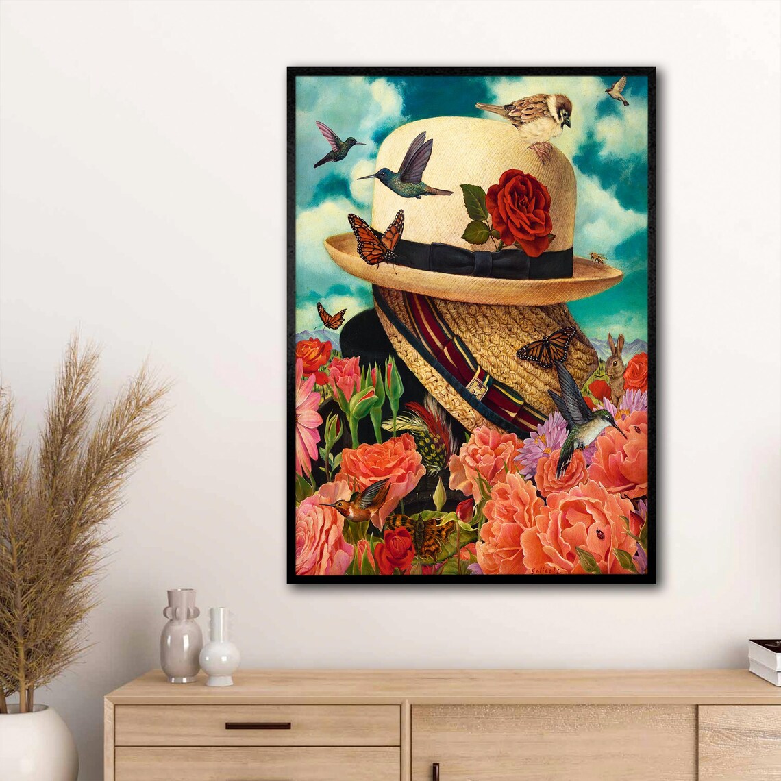 Straw Hat Surrounded by Birds Butterflies and Roses Surreal Art Poster - Image 3