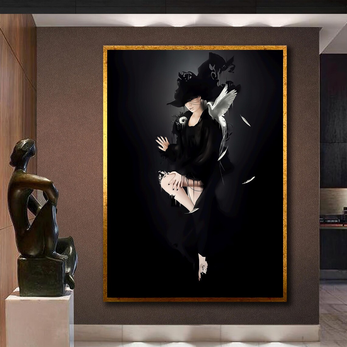 Woman in Black Dress With Pigeons Moody Fashion Photography Wall Art - Image 2