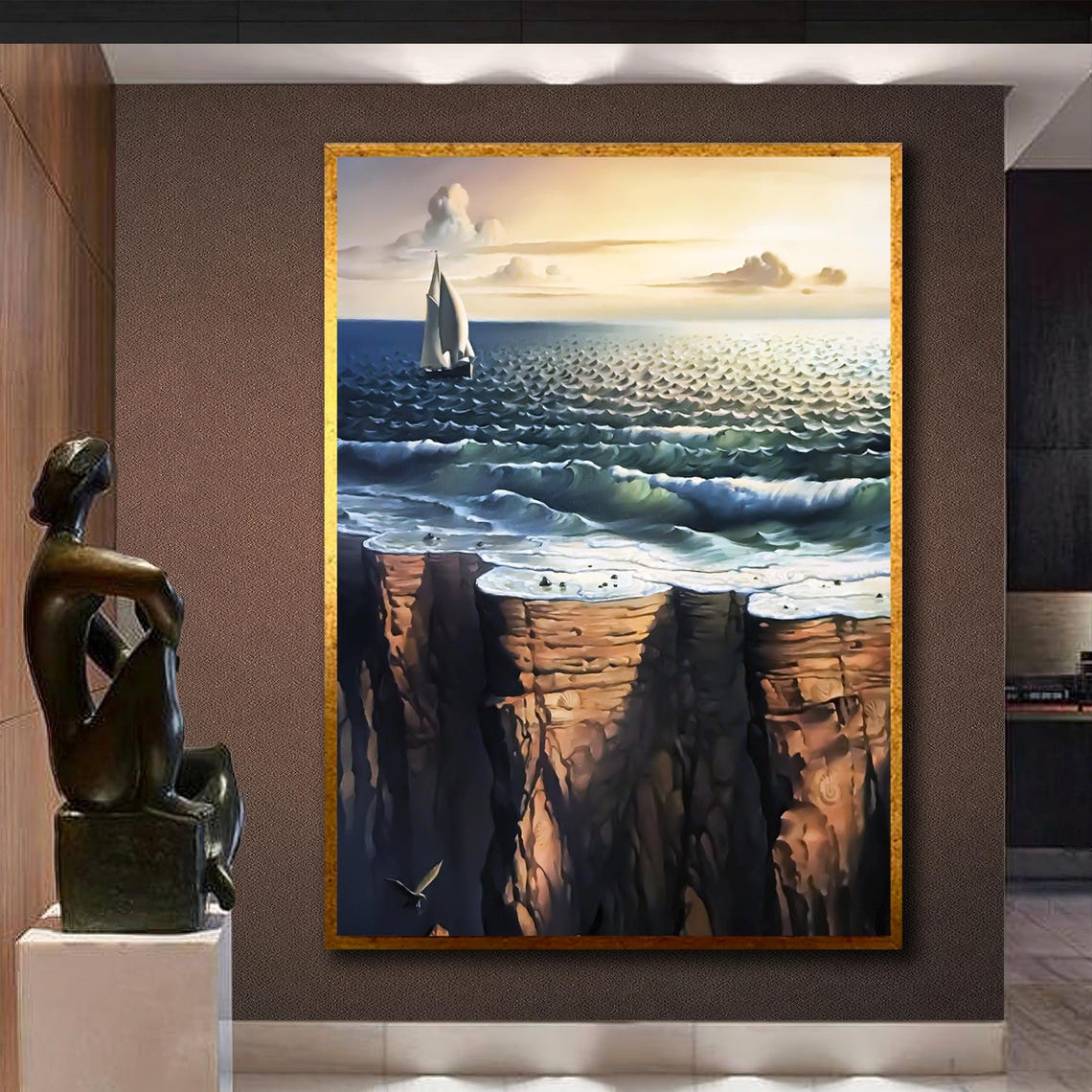 Surreal Ocean Pouring Over Cliff Edge Sailboat Dream Art Wall Art