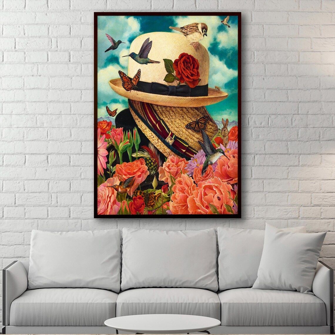 Straw Hat Surrounded by Birds Butterflies and Roses Surreal Art Poster - Image 2