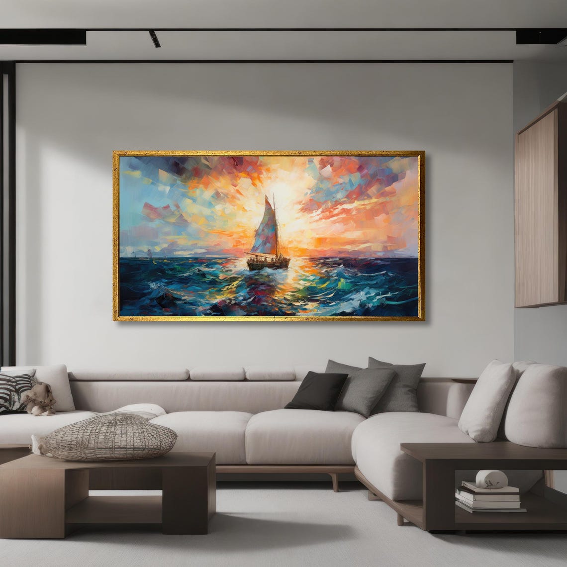 Sailboat Sunset Mosaic Colorful Ocean Waves Abstract Art Poster - Image 3