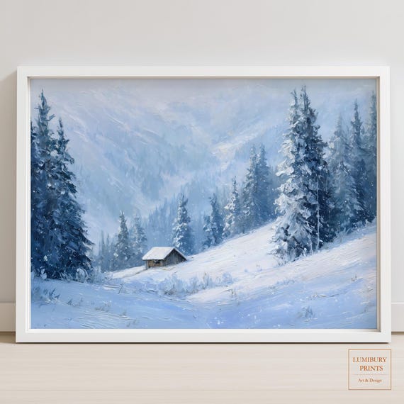 Winter Landscape Wall Decor Snowy Mountain Art Rustic Cabin Painting Forest Print Instant
