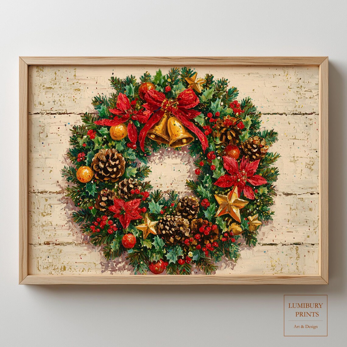 Christmas Wreath Poinsettia Pine Cones Vintage Farmhouse Painting Poster