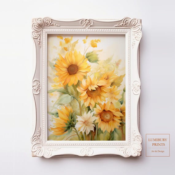 Sunflower Wall Art Dahlia Flower Vintage Botanical Print Rustic Yellow Floral Decor